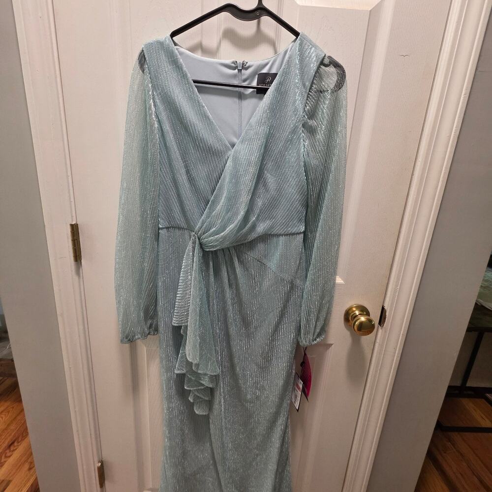 Adrianna Papell Metallic Ice Blue Faux Wrap Maxi Gown US 6